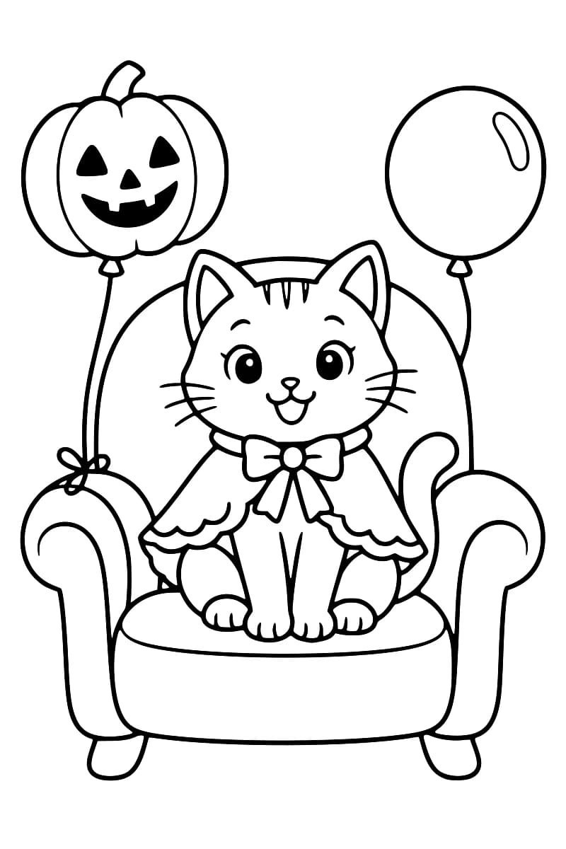 Dessin à colorier d’un chat souriant en cape, avec un nœud au cou, assis dans un fauteuil à accoudoirs entre un ballon en forme de citrouille à gauche et un ballon ovale à droite.