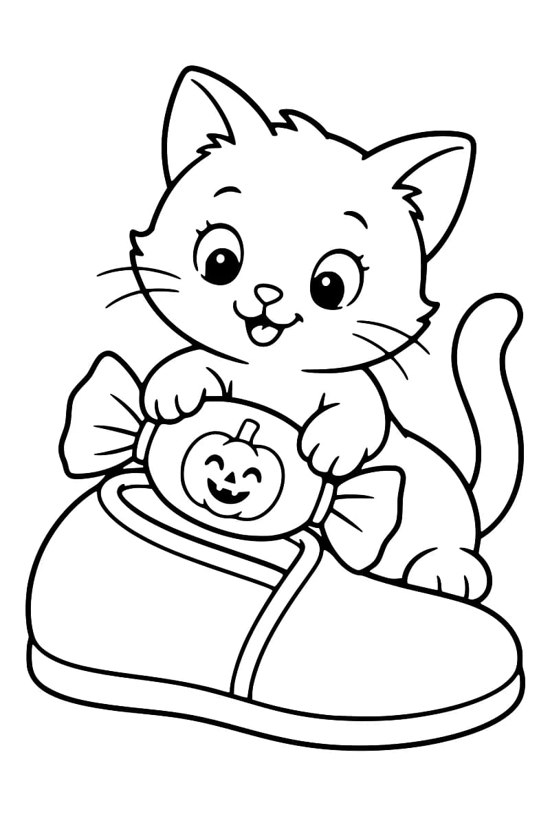 Dessin en noir et blanc d’un chaton souriant derrière une pantoufle, les pattes posées sur un bonbon emballé portant un motif de citrouille.