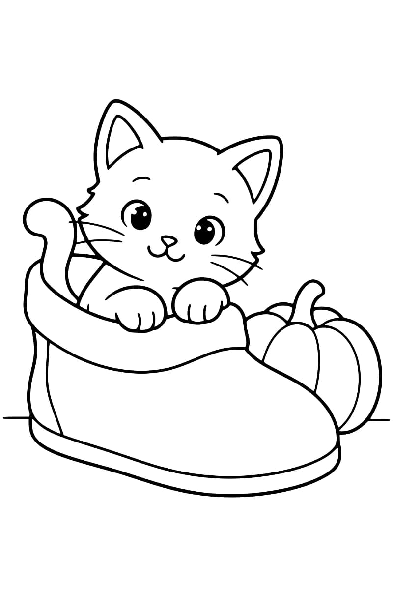 Dessin au trait noir sur fond blanc d’un chaton dans une grande pantoufle, les pattes avant sur le bord et la queue relevée, avec une citrouille à droite.