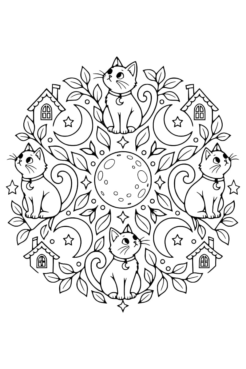 Dessin circulaire au trait noir sur fond blanc : quatre chats aux queues enroulées portent un collier avec un pendentif en croissant de lune et entourent une lune centrale parsemée de cratères, parmi quatre croissants de lune, des étoiles, des branches feuillues et quatre petites maisons.