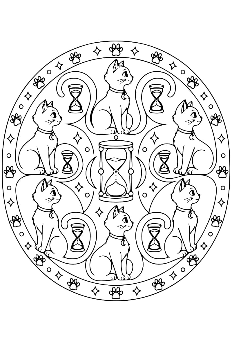 Dessin à colorier en noir et blanc représentant six chats assis portant un collier à pendentif en croissant de lune, disposés autour d’un grand sablier central et de six petits sabliers, dans une bordure ornée d’empreintes de pattes, d’étoiles et de petits cercles.