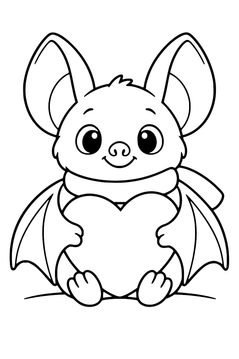 Dessin en noir et blanc d’une chauve-souris assise de face, aux grandes oreilles et aux ailes déployées, portant une écharpe et tenant un coussin en forme de cœur entre ses pattes.