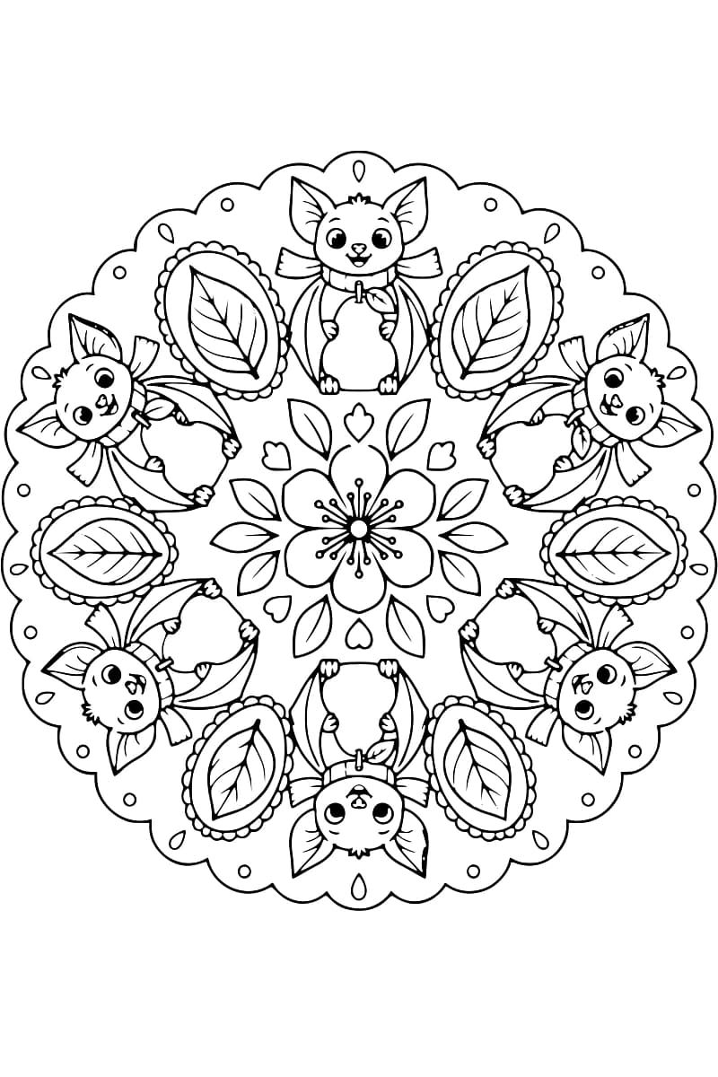 Dessin en noir et blanc d’un mandala composé de six chauves-souris aux ailes ouvertes, portant des écharpes et tenant chacune une poire, en alternance avec six médaillons contenant une feuille, autour d’une fleur à six pétales, dans une bordure festonnée.