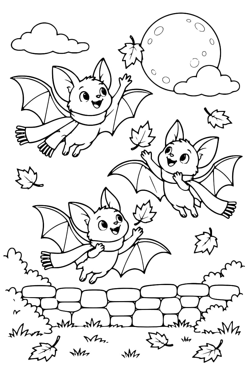 Dessin à colorier de trois chauves-souris souriantes avec des écharpes, les ailes déployées parmi des feuilles, sous une grande lune entourée de nuages, au-dessus d’un mur de pierre bordé de buissons et d’herbe.