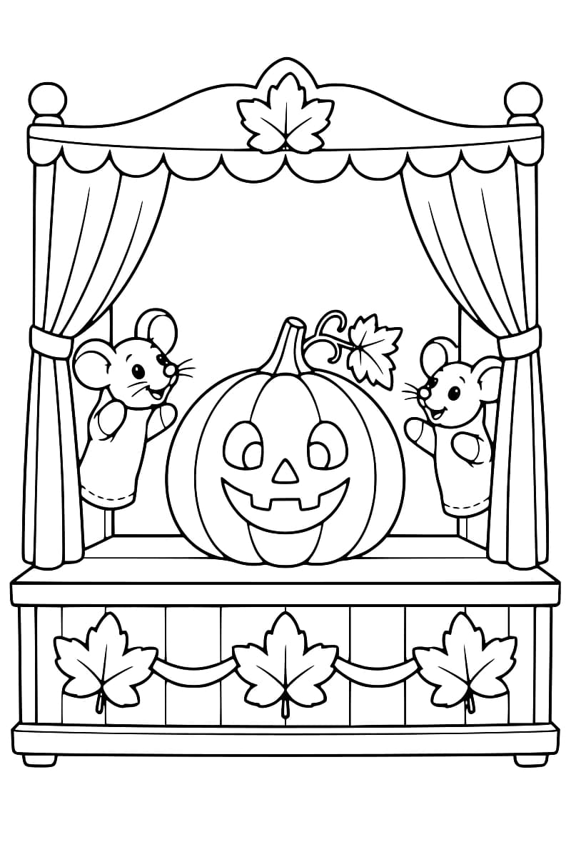Dessin en noir et blanc d’une grande citrouille au visage souriant entre deux marionnettes souris, sur une scène encadrée de rideaux ouverts et ornée de feuilles.