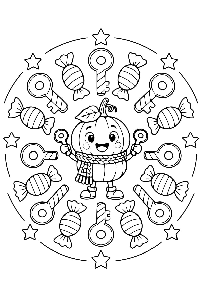 Dessin en noir et blanc d’une citrouille avec une feuille sur la tête, une écharpe et des chaussures, tenant une petite clé dans chaque main au centre d’un cercle de clés rayées, de bonbons en papillote et d’étoiles.