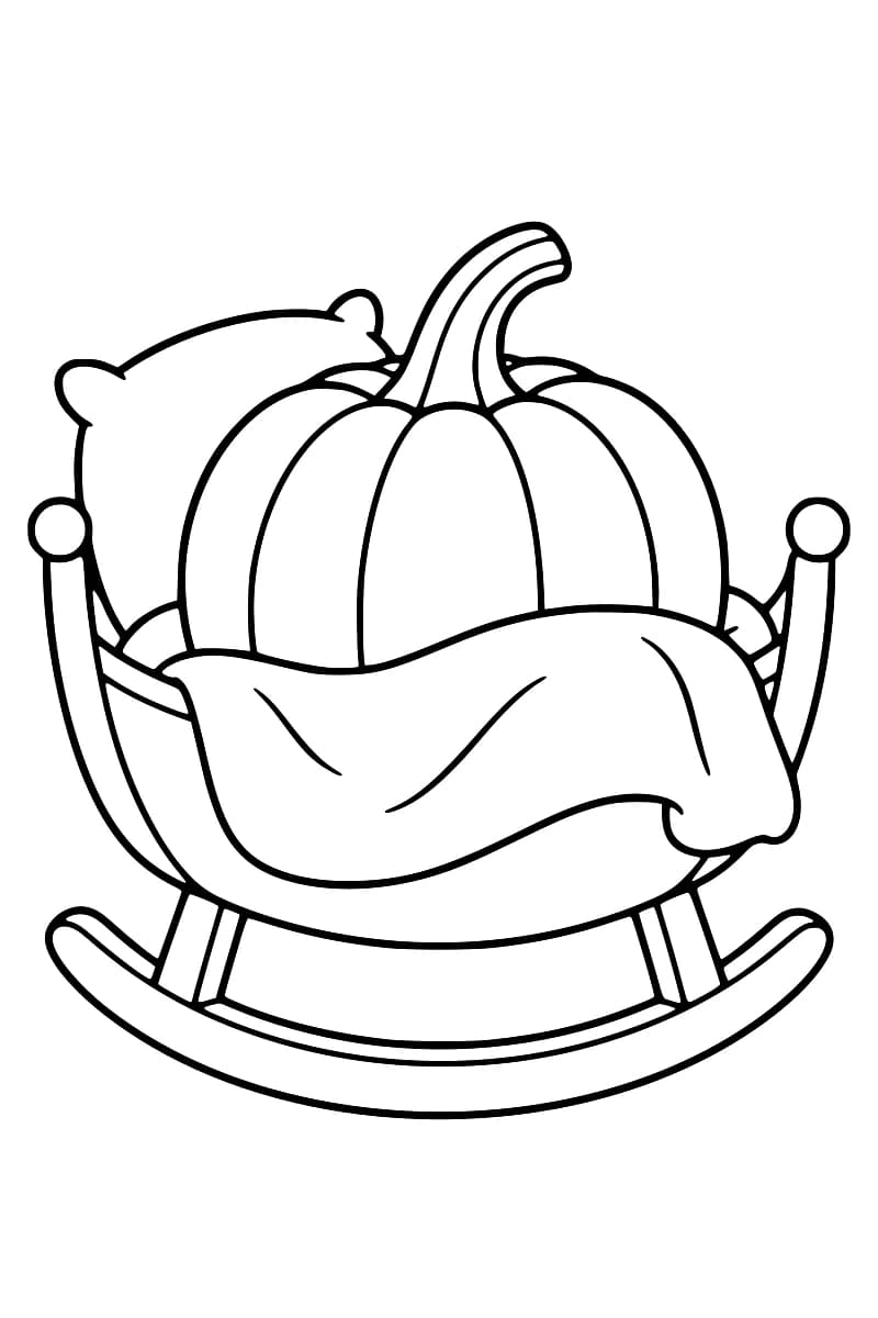 Dessin au trait noir sur fond blanc d’une citrouille à longue tige courbée dans un berceau à bascule, avec un coussin à l’arrière et une couverture drapée sur le bord avant.