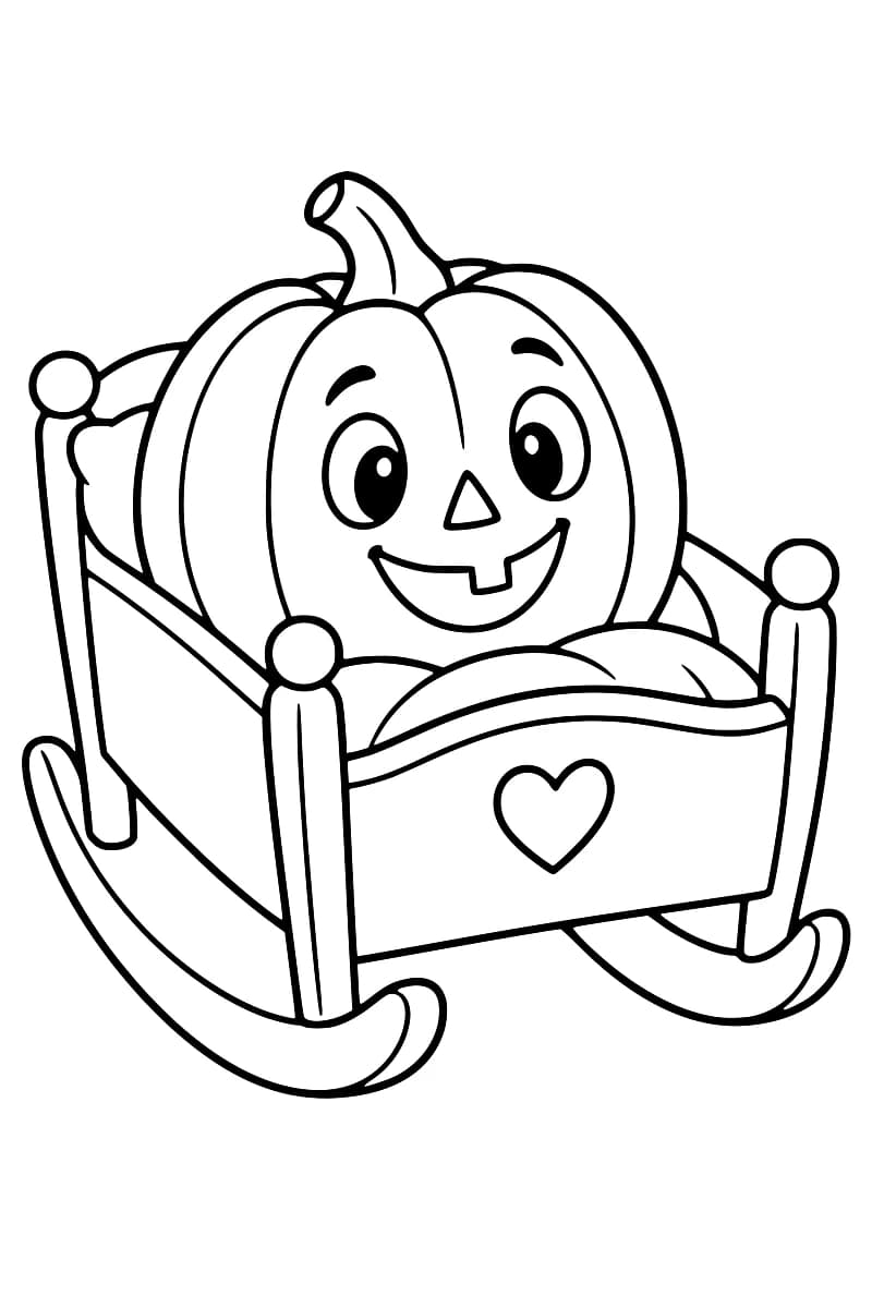 Dessin en noir et blanc d’une grande citrouille aux yeux expressifs, au nez triangulaire et au sourire à une dent, installée sous une couverture dans un berceau à bascule orné d’un cœur.