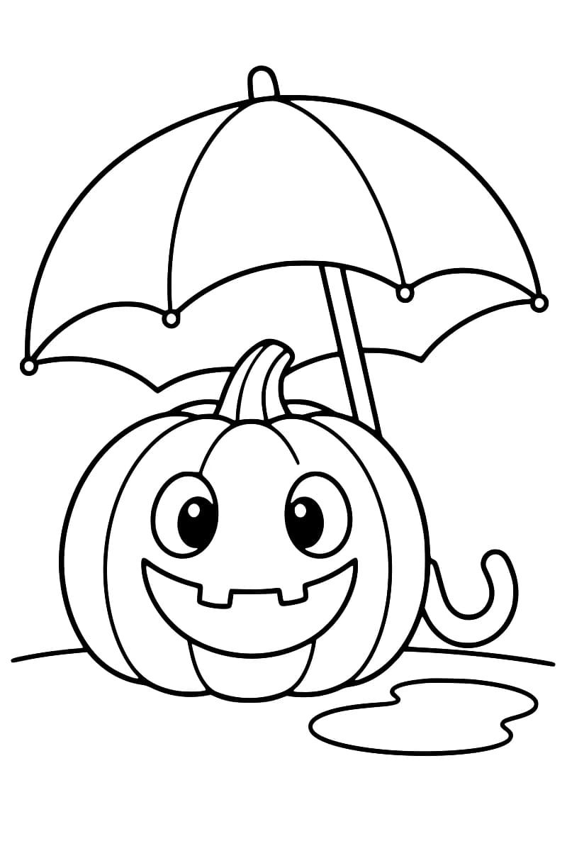 Dessin en noir et blanc d’une citrouille aux grands yeux et au large sourire avec deux dents, sous un parapluie à poignée courbée, avec une flaque à droite.