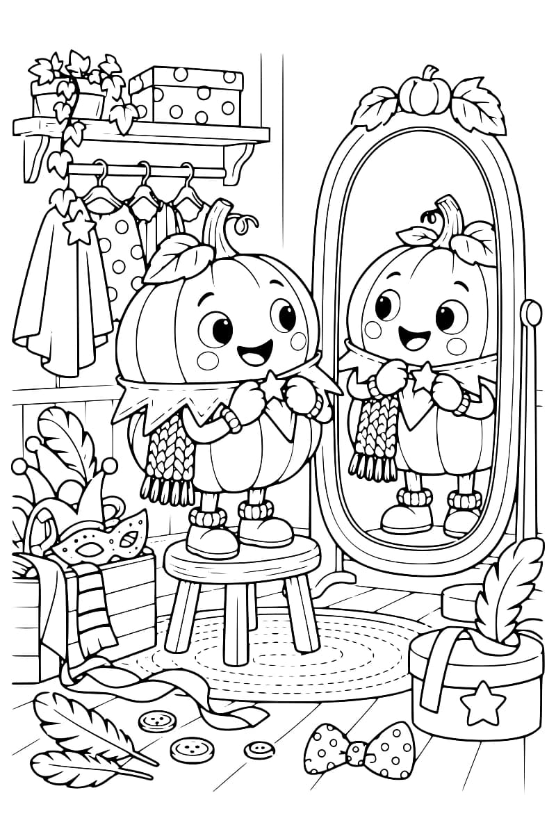 Citrouli, une citrouille souriante, ajuste un col étoilé devant un grand miroir dans une pièce remplie de vêtements et d’accessoires.