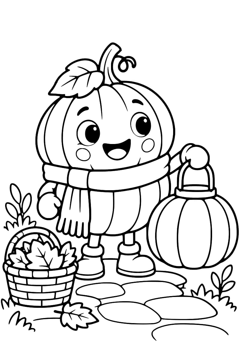 Dessin en noir et blanc à colorier représentant Citrouli, un personnage en forme de citrouille portant une écharpe et tenant une lanterne près d’un panier de feuilles.