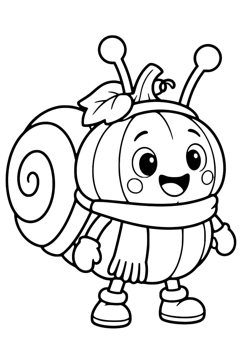 Dessin en noir et blanc de Citrouli, une mascotte citrouille souriante portant une coquille en spirale, deux antennes à bouts ronds, une feuille près de sa tige, une écharpe, des moufles et des bottines.