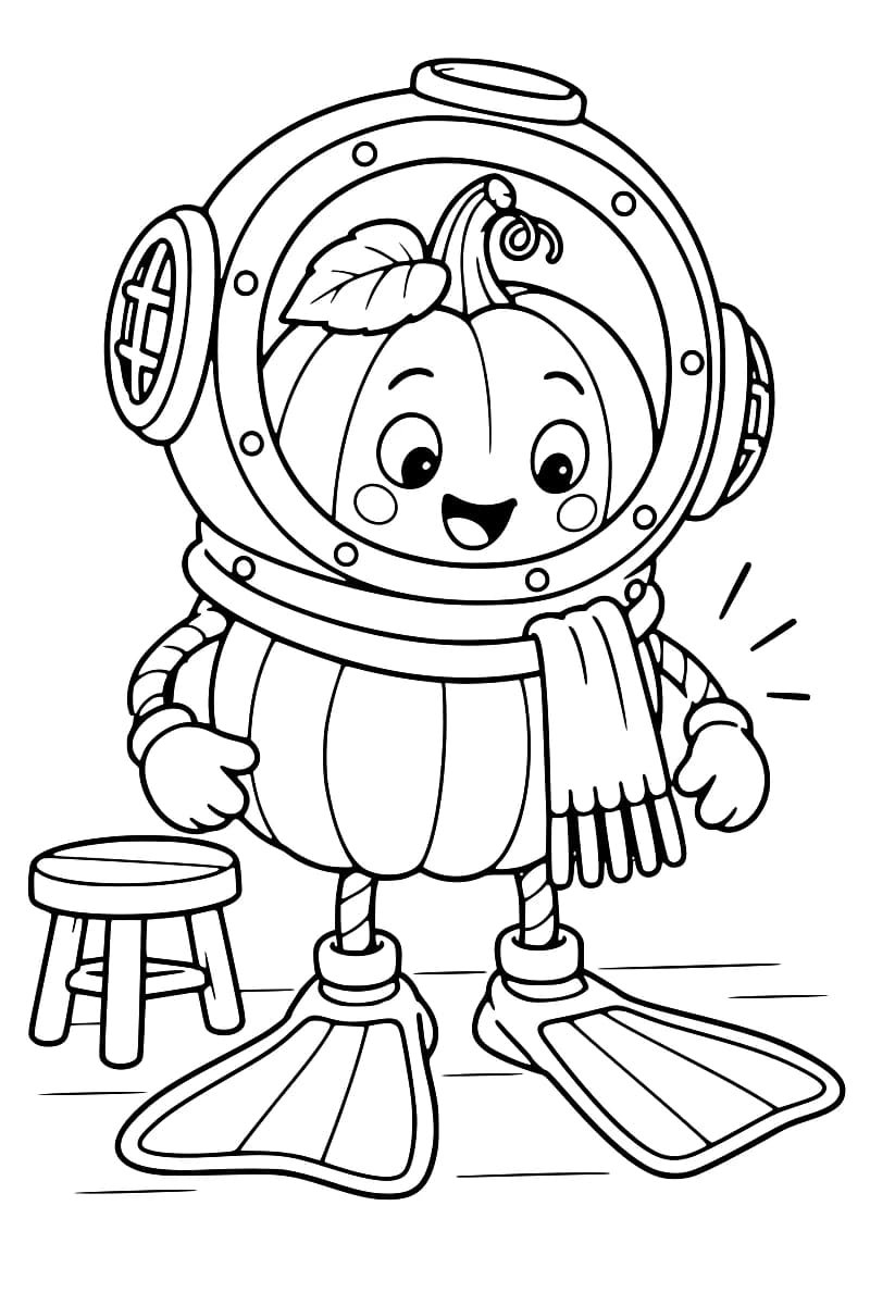 Dessin en noir et blanc de Citrouli, une mascotte citrouille souriante avec une feuille sur la tête, portant un casque de scaphandrier, une écharpe, des gants et de grandes palmes, à côté d’un petit tabouret.