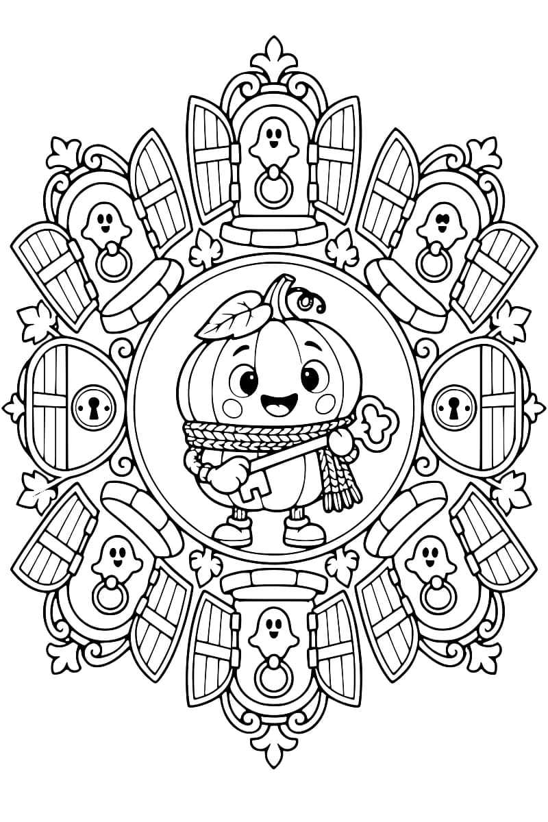 Dessin en noir et blanc d’un personnage citrouille souriant, avec une écharpe et une grande clé, au centre d’une rosace composée de six portes à volets ouverts ornées de heurtoirs fantômes et de deux portes rondes à serrure.
