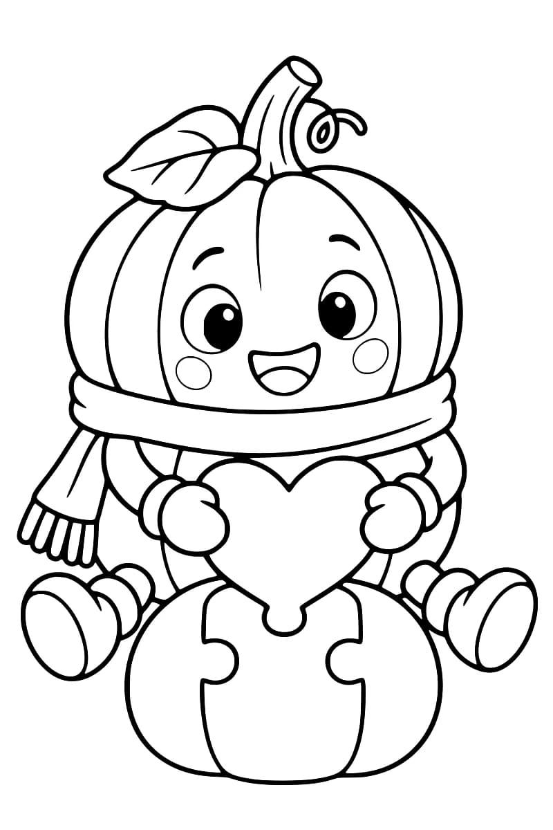 Dessin en noir et blanc d’un personnage citrouille souriant, avec une feuille sur la tête et une écharpe, tenant une pièce de puzzle en forme de cœur au-dessus d’un puzzle citrouille.