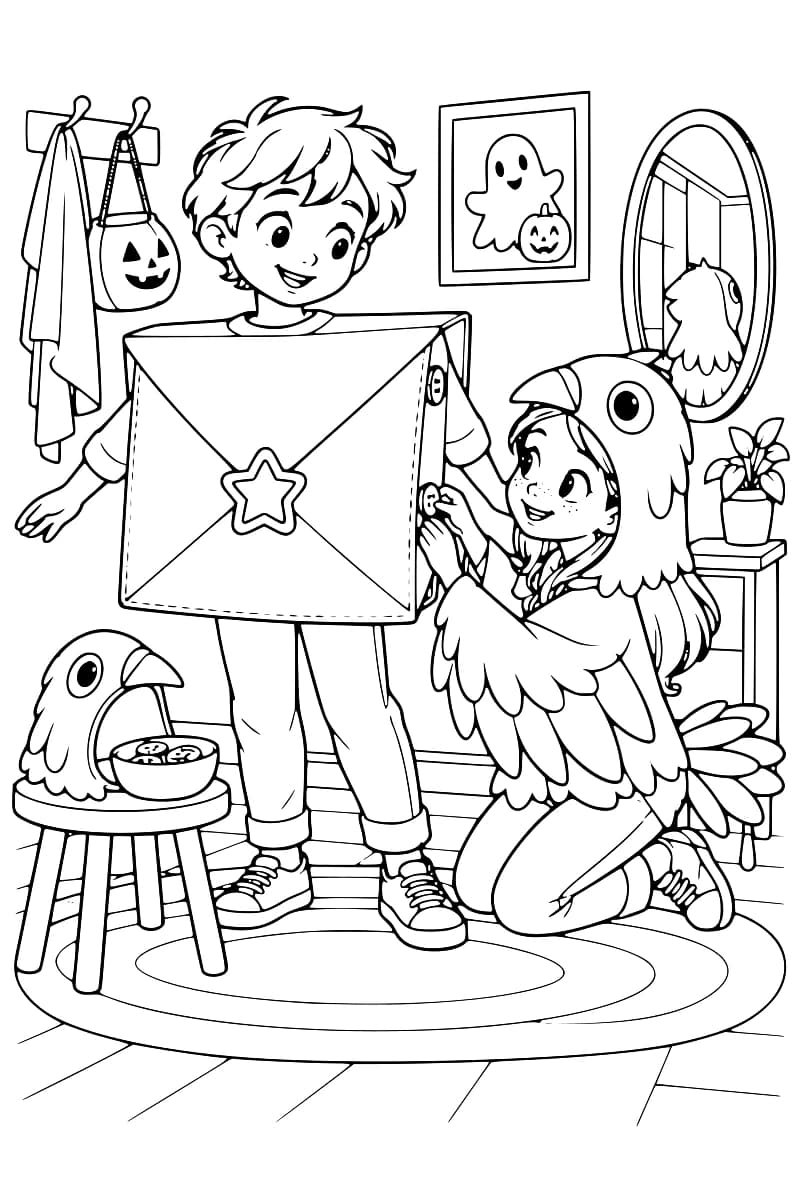 Dessin à colorier de deux enfants : l’un porte un costume d’enveloppe avec une étoile, tandis que l’autre, agenouillé en costume de pigeon, ajuste un bouton sur le côté. Un tabouret avec une tête de pigeon et un bol, un miroir et des décorations d’Halloween complètent la scène.