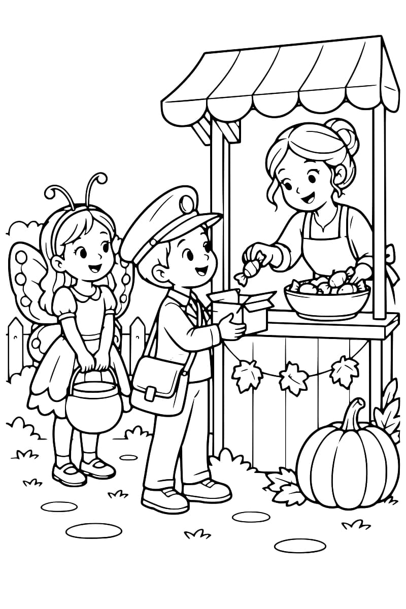 Dessin à colorier de deux enfants devant un kiosque : un petit facteur tient une boîte ouverte sous le bonbon tendu par une femme, et une enfant aux ailes de papillon porte un panier à ses côtés ; une guirlande de feuilles et une grosse citrouille décorent le kiosque.