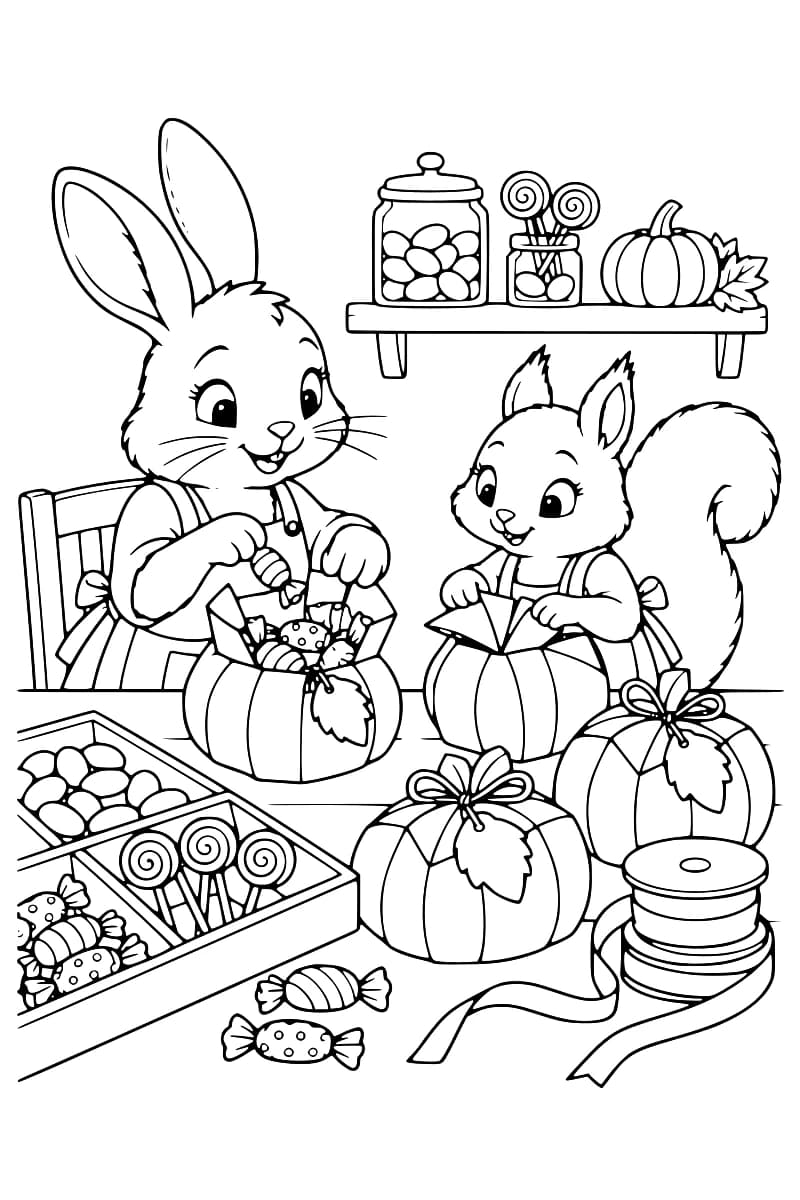 Dessin à colorier d’un lapin et d’un écureuil préparant des boîtes en forme de citrouille sur une table, avec des bonbons, des sucettes, des rubans et des étiquettes en forme de feuille.