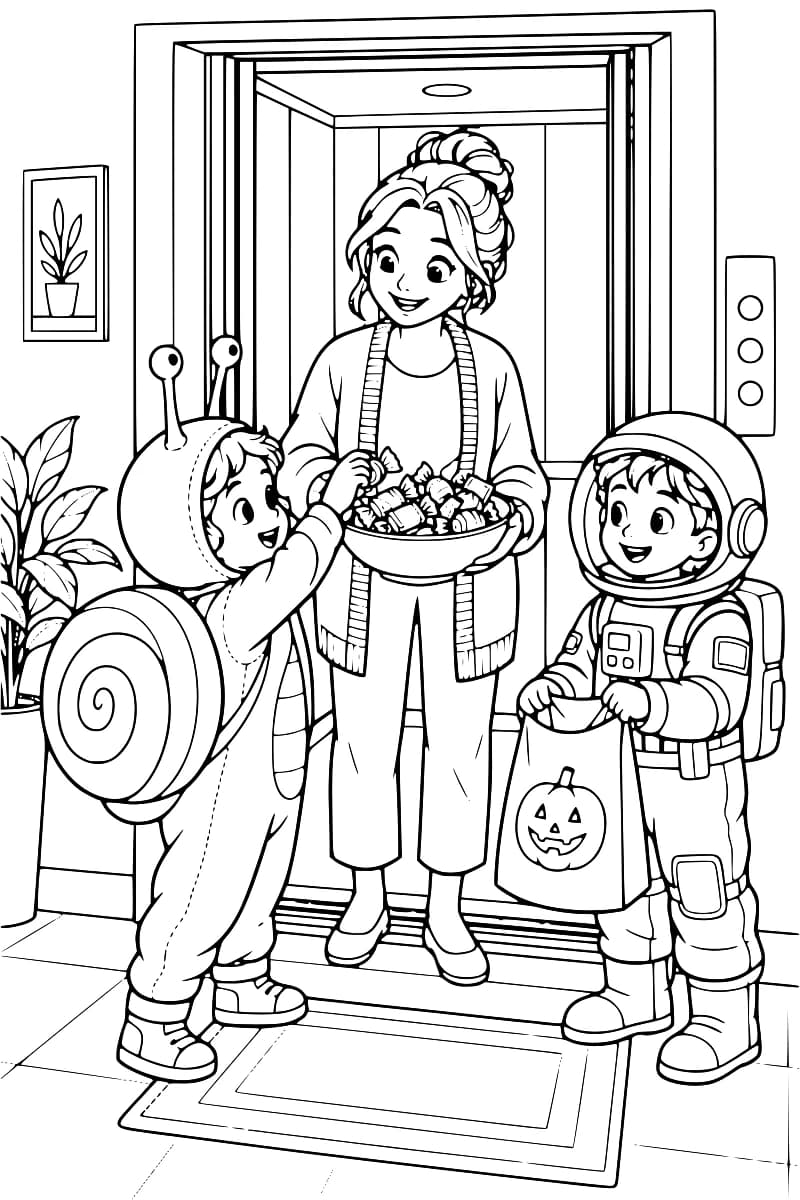Dessin en noir et blanc d’une femme tenant un saladier rempli de bonbons devant les portes ouvertes d’un ascenseur. Un enfant déguisé en escargot tend la main vers les friandises, tandis qu’un enfant en astronaute tient un sac décoré d’une citrouille.