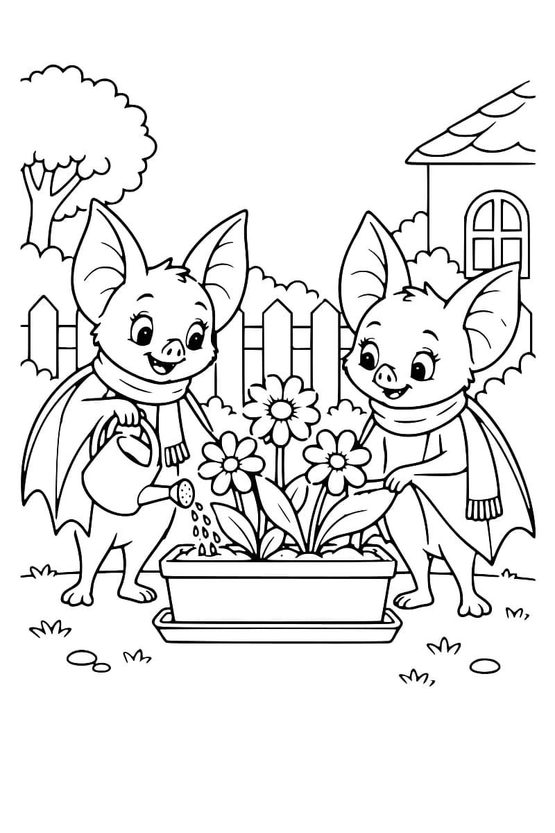 Dessin en noir et blanc de deux chauves-souris souriantes portant des écharpes autour d’une jardinière de trois fleurs. Celle de gauche arrose la terre et celle de droite tient une grande feuille. Une clôture, un arbre et une partie de maison se trouvent à l’arrière-plan.