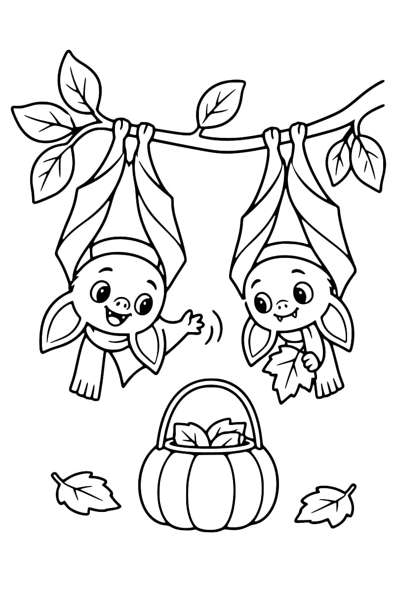 Dessin en noir et blanc de deux chauves-souris suspendues par les pieds à une branche, avec des écharpes, un panier-citrouille et des feuilles.