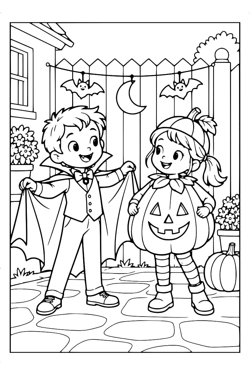 Dessin en noir et blanc de deux enfants costumés, l’un en vampire et l’autre en citrouille, devant une clôture décorée dans un jardin.