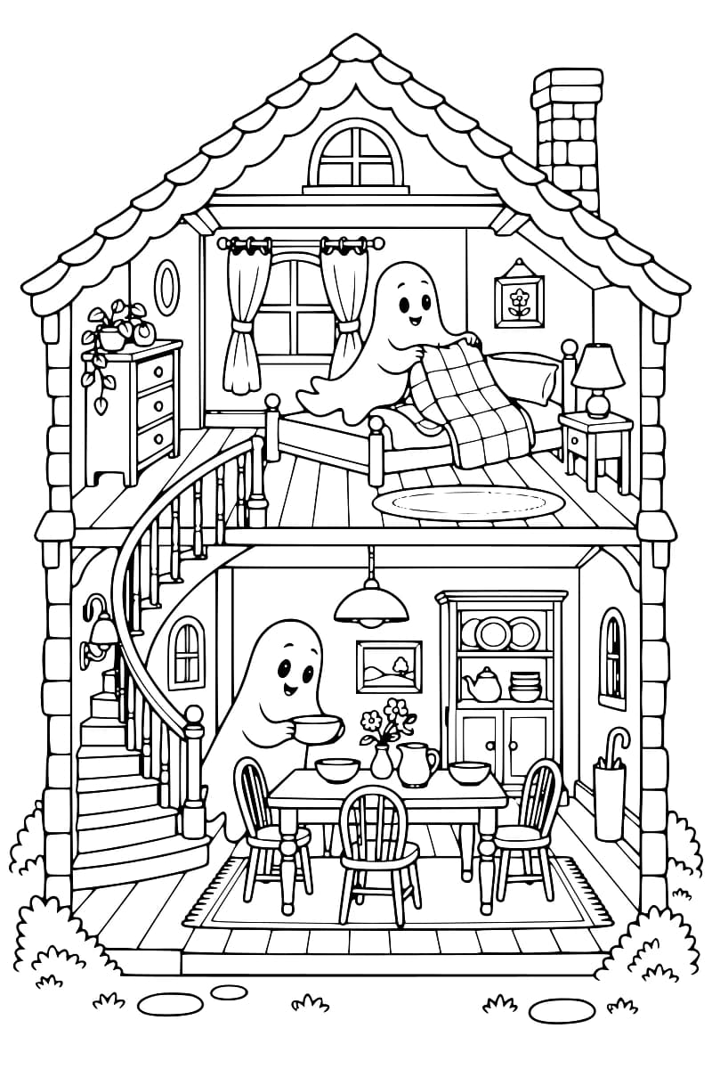 Dessin en noir et blanc d’une maison à deux niveaux reliés par un escalier courbe. Au rez-de-chaussée, un fantôme tient un bol devant une table entourée de trois chaises, près d’un buffet rempli de vaisselle. À l’étage, un autre fantôme tient une couverture à carreaux sur un lit, entre une commode ornée de plantes et une table de chevet avec une lampe.