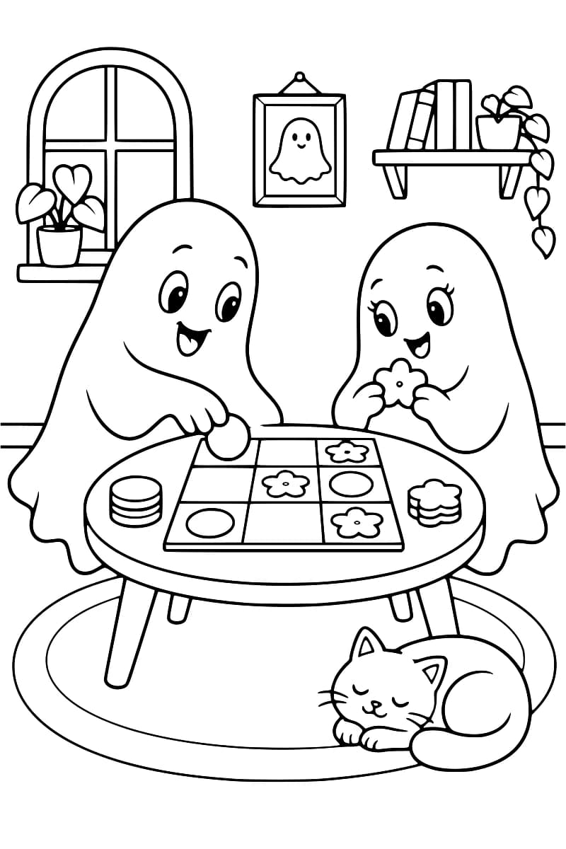 Dessin en noir et blanc de deux fantômes devant une table ronde portant un plateau à neuf cases et des pions ronds ou en forme de fleur. Un chat dort sur le tapis, et des plantes, des livres et un portrait de fantôme décorent la pièce.