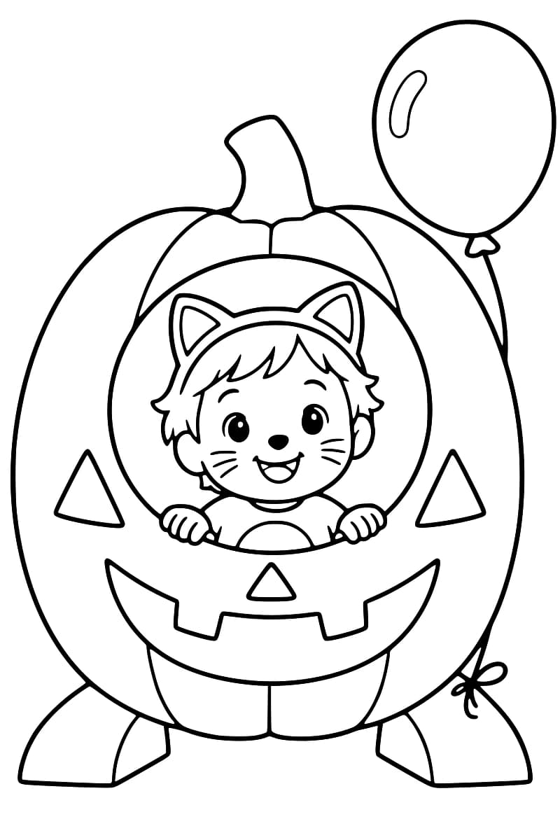 Dessin en noir et blanc d’un enfant avec des oreilles de chat et des moustaches, les mains posées sur le bord d’une ouverture ronde dans une grande citrouille souriante sur pieds, avec un ballon en haut à droite.