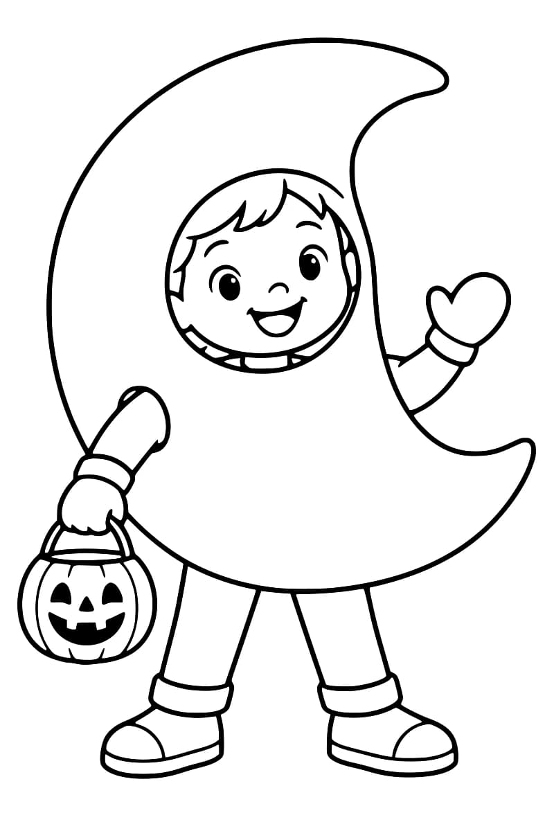 Dessin en noir et blanc d’un enfant dans un grand costume de croissant de lune, une main levée et l’autre tenant un seau citrouille au visage souriant.