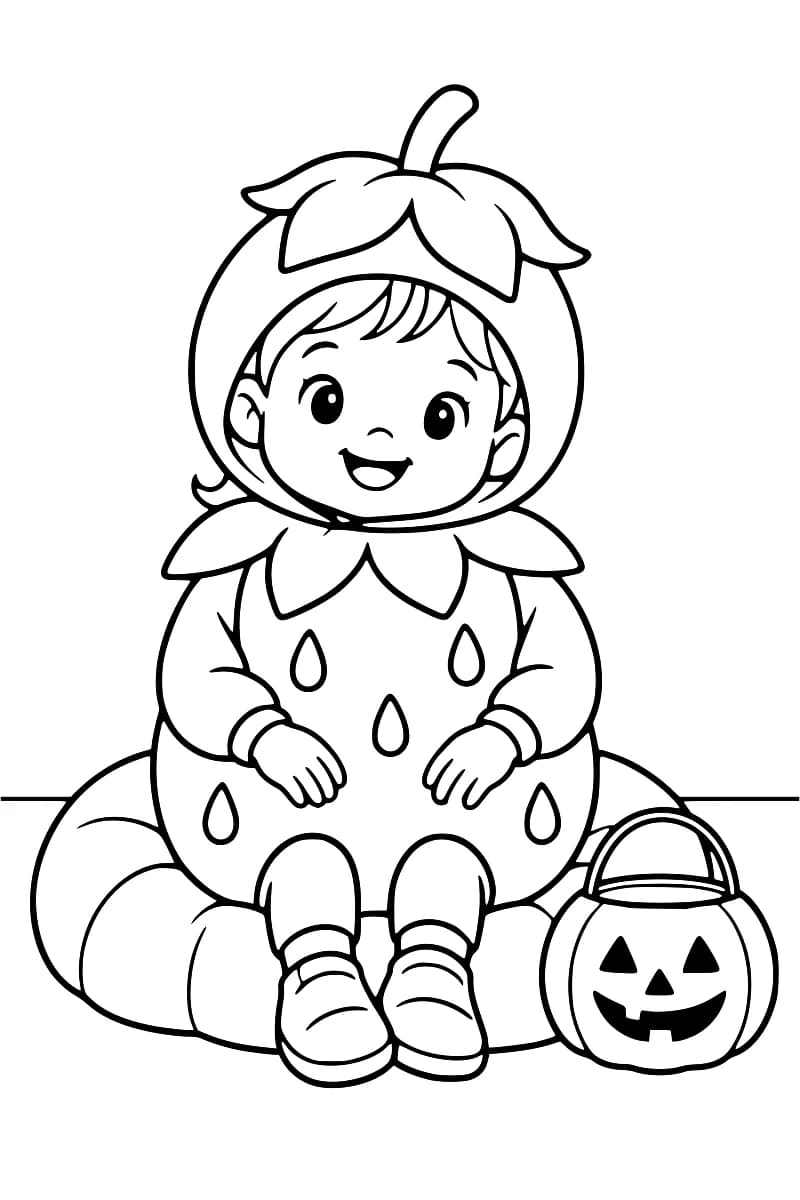 Dessin en noir et blanc d’un enfant souriant en costume de fraise, avec une capuche à feuilles et des motifs de graines, assis sur un coussin près d’un seau citrouille à anse.