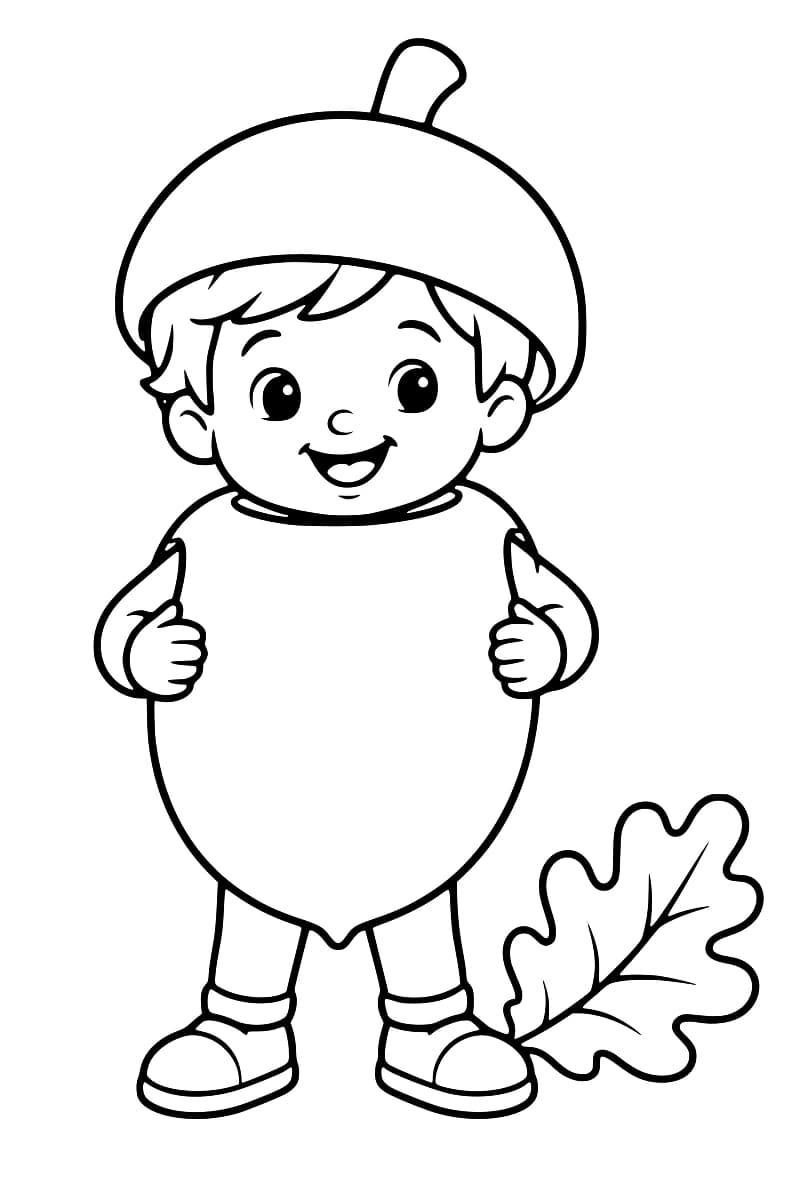 Dessin en noir et blanc d’un enfant debout, déguisé en gland avec un costume arrondi et un grand chapeau à tige, les deux pouces levés et une feuille de chêne à droite de ses pieds.