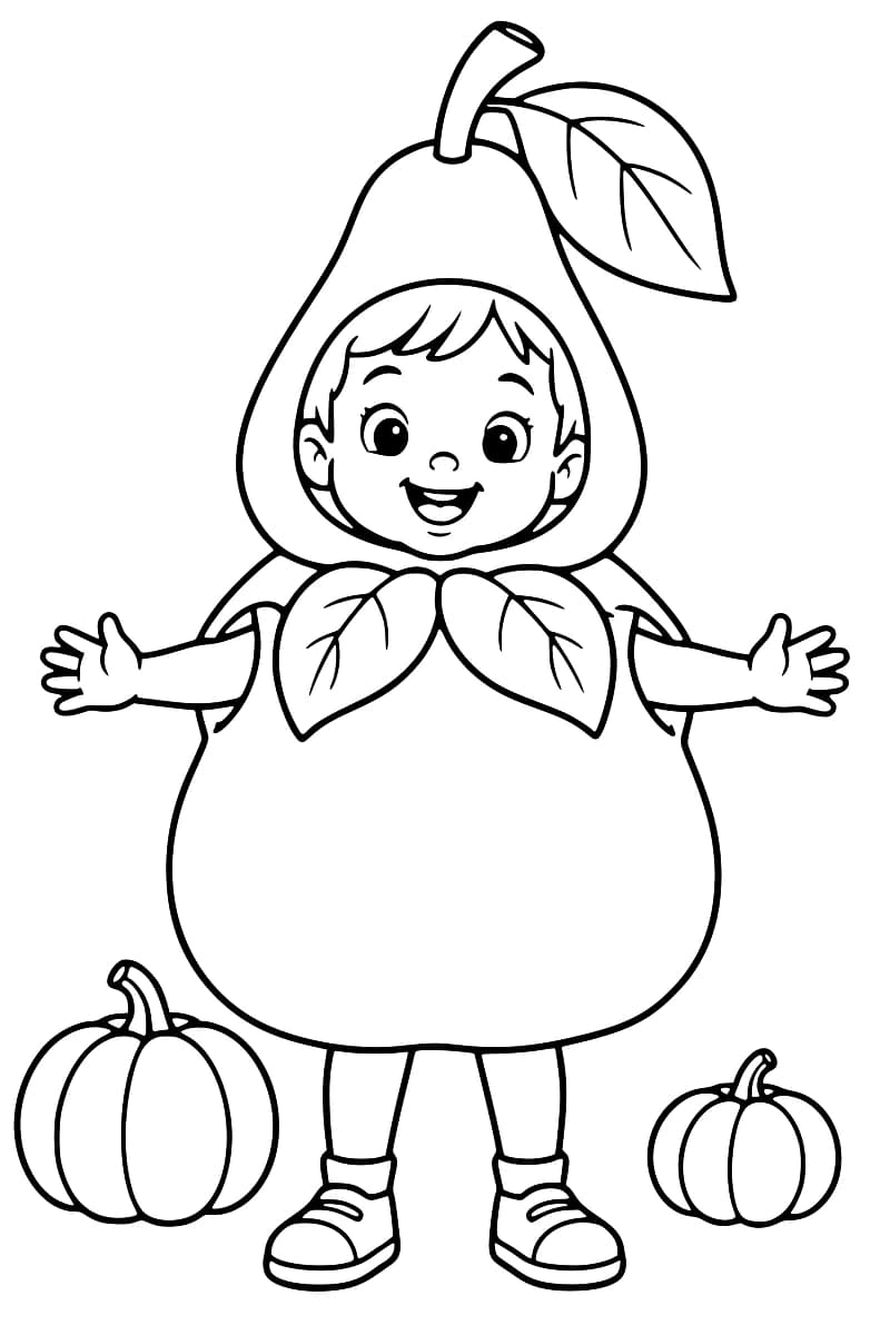 Dessin en noir et blanc d’un enfant souriant, les bras ouverts, vêtu d’un costume de poire avec une tige et une grande feuille sur la tête, deux feuilles au col et des baskets aux pieds, entre deux citrouilles.