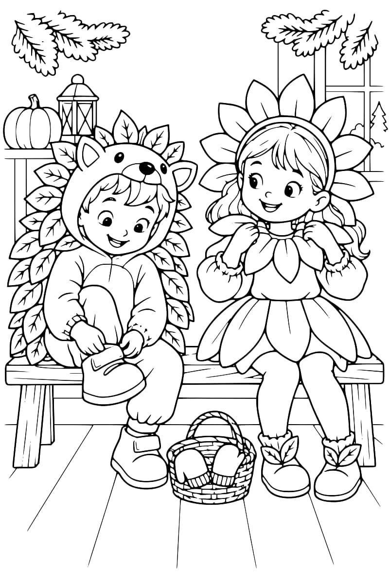 Dessin à colorier de deux enfants assis sur un banc : l’un porte un déguisement de hérisson orné de feuilles et ajuste sa chaussure, l’autre porte un costume de fleur et tient son col de pétales. Un panier contenant des moufles est posé à leurs pieds, et une citrouille et une lanterne se trouvent à gauche.
