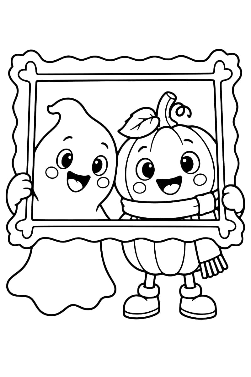 Dessin en noir et blanc d’un fantôme à gauche et d’une citrouille à droite tenant un cadre rectangulaire aux bords ondulés, avec leurs visages à l’intérieur ; la citrouille porte une écharpe et des bottines.