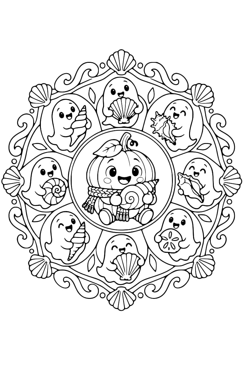 Dessin en noir et blanc d’un personnage souriant à tête de citrouille, portant une écharpe et tenant un coquillage spiralé, entouré de huit fantômes avec des coquillages variés, dans un cadre circulaire orné de volutes et de coquilles Saint-Jacques.