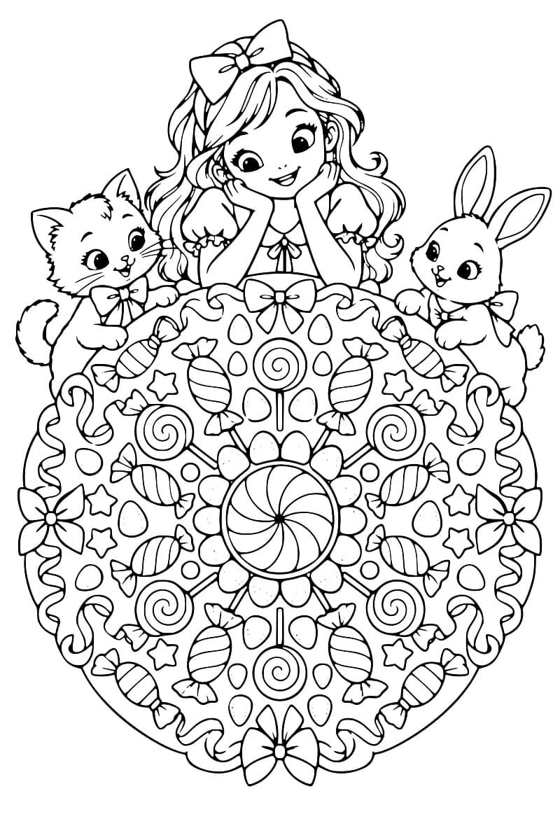 Dessin en noir et blanc d’une fillette aux longs cheveux ornés d’un nœud, le visage posé entre ses mains, entre un chat et un lapin portant des nœuds papillon. Devant eux s’étend un grand mandala rond composé de bonbons emballés, de sucettes en spirale, d’étoiles, de rubans et de nœuds.