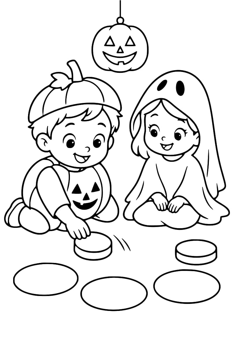 Dessin en noir et blanc de deux enfants à genoux, l’un en costume de citrouille poussant un palet, l’autre déguisé en fantôme, avec deux palets et trois cercles au sol sous une citrouille souriante suspendue.