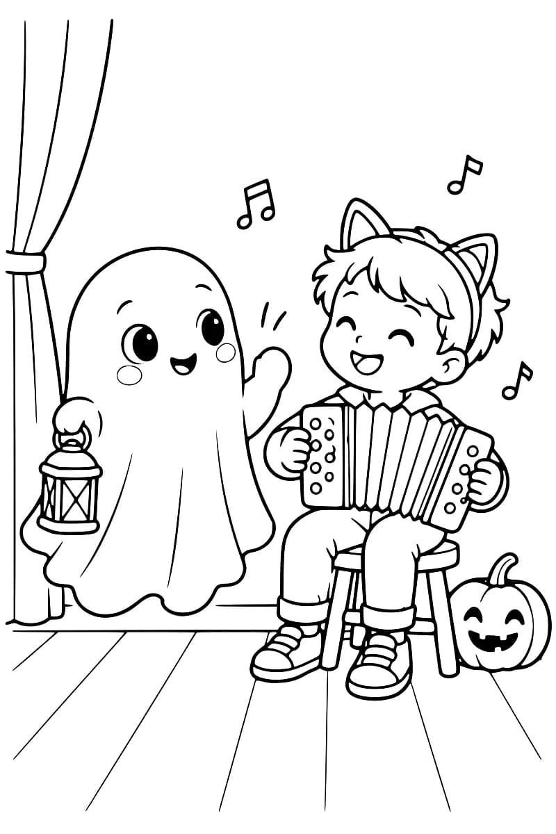 Dessin en noir et blanc d’un enfant assis sur un tabouret jouant de l’accordéon, avec des oreilles de chat sur la tête. À gauche, un fantôme souriant tient une lanterne et lève une main. Une citrouille au visage découpé est posée au sol à droite, et des notes de musique flottent au-dessus des personnages.