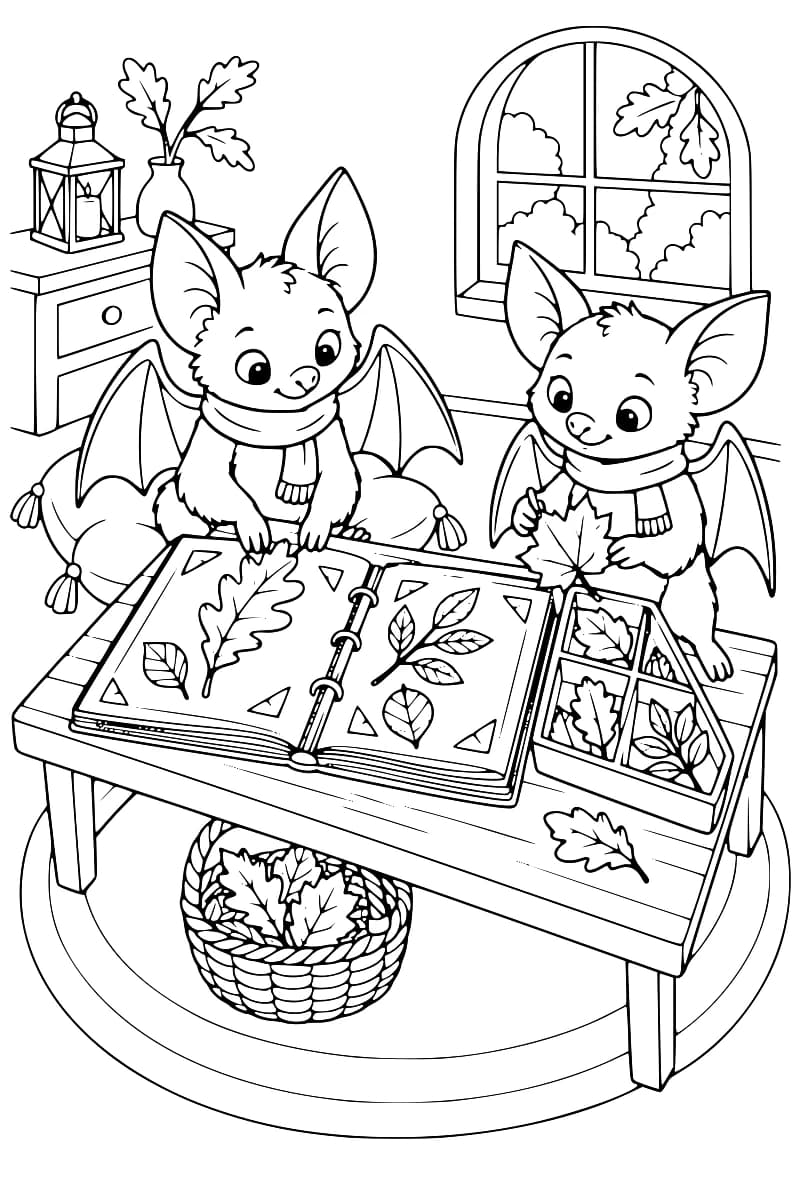 Dessin en noir et blanc de deux chauves-souris en écharpe devant un album à anneaux garni de feuilles, l’une tenant une feuille d’érable. Un bac compartimenté repose sur la table et un panier rempli de feuilles se trouve dessous ; une fenêtre arrondie, une lanterne et un vase complètent la scène.