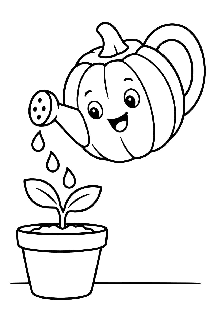 Dessin en noir et blanc d’un arrosoir en forme de citrouille au visage souriant, avec une grande anse et un bec incliné vers une plante à deux feuilles dans un pot ; trois gouttes tombent entre les deux.