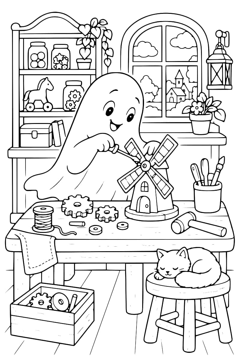 Dessin en noir et blanc d’un fantôme fabriquant un moulin à vent dans un atelier, avec un chat endormi au premier plan.