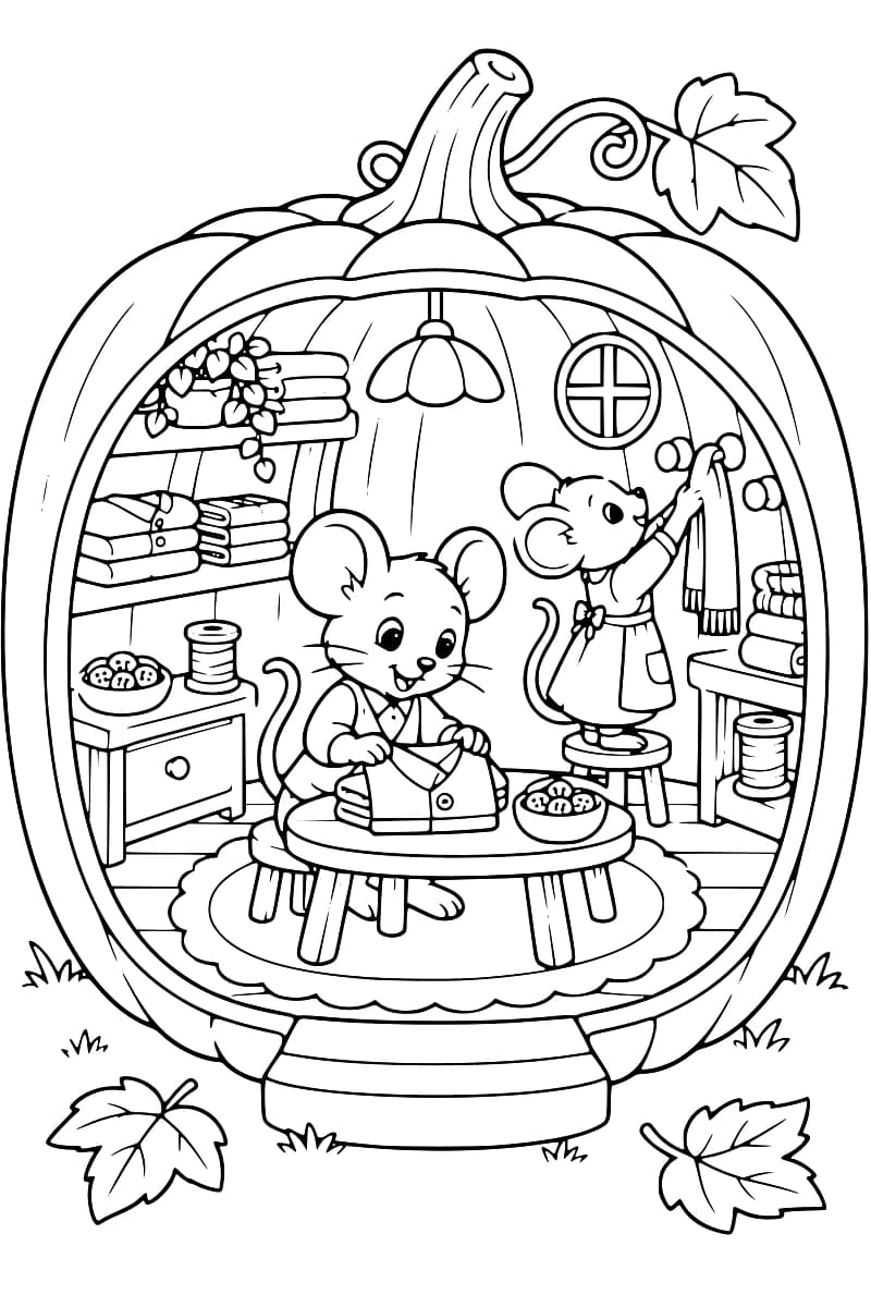 Dessin en noir et blanc d’une citrouille ouverte abritant deux souris : l’une plie une veste sur une table et l’autre, debout sur un tabouret, accroche une écharpe à une patère. Des vêtements pliés, des bobines de fil et des bols de boutons garnissent l’atelier.