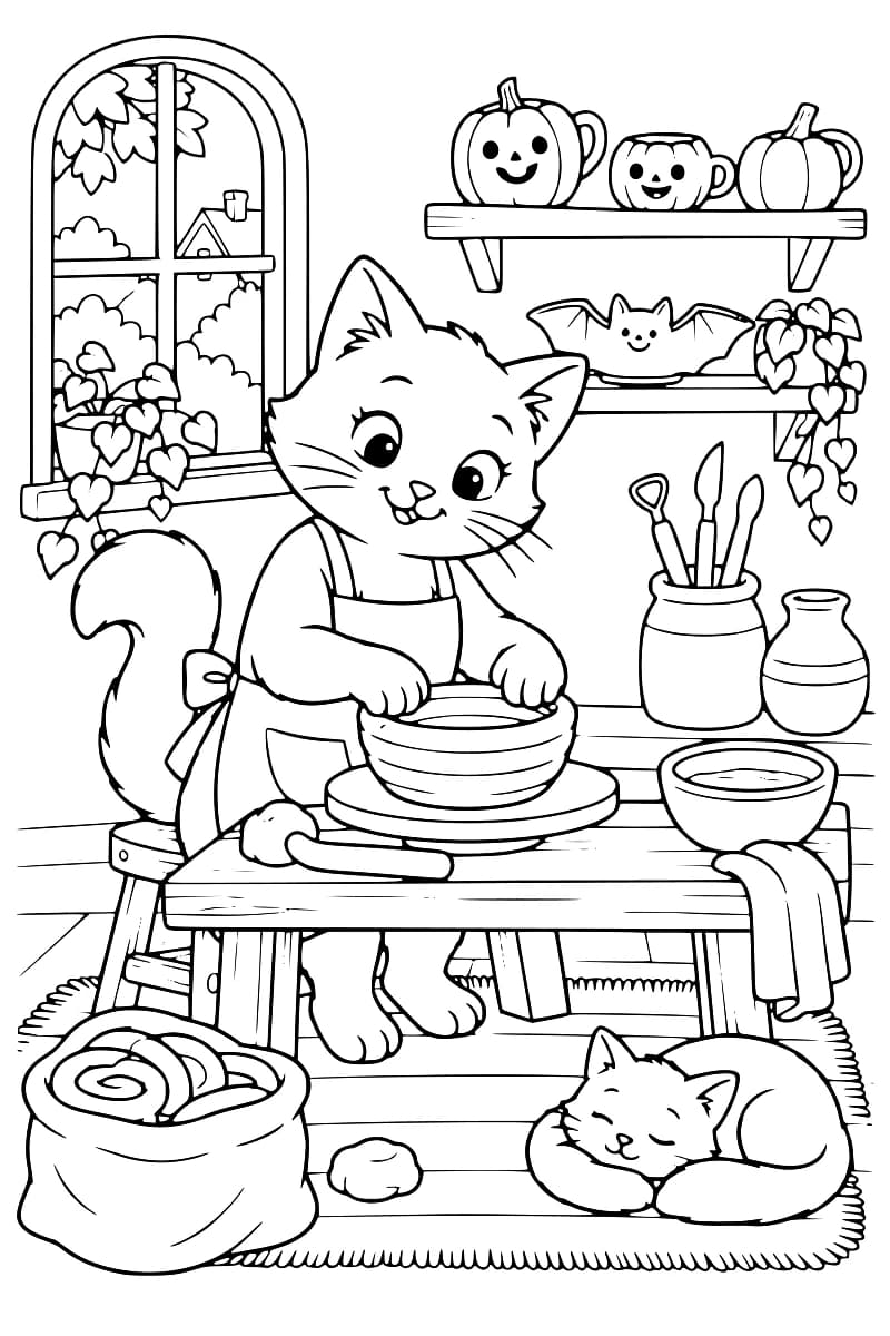 Dessin à colorier d’un chat en tablier façonnant un bol sur un tour de potier dans un atelier, avec des outils, des tasses en forme de citrouille et un plat chauve-souris sur des étagères, des plantes près d’une fenêtre et un chat endormi sur un tapis.