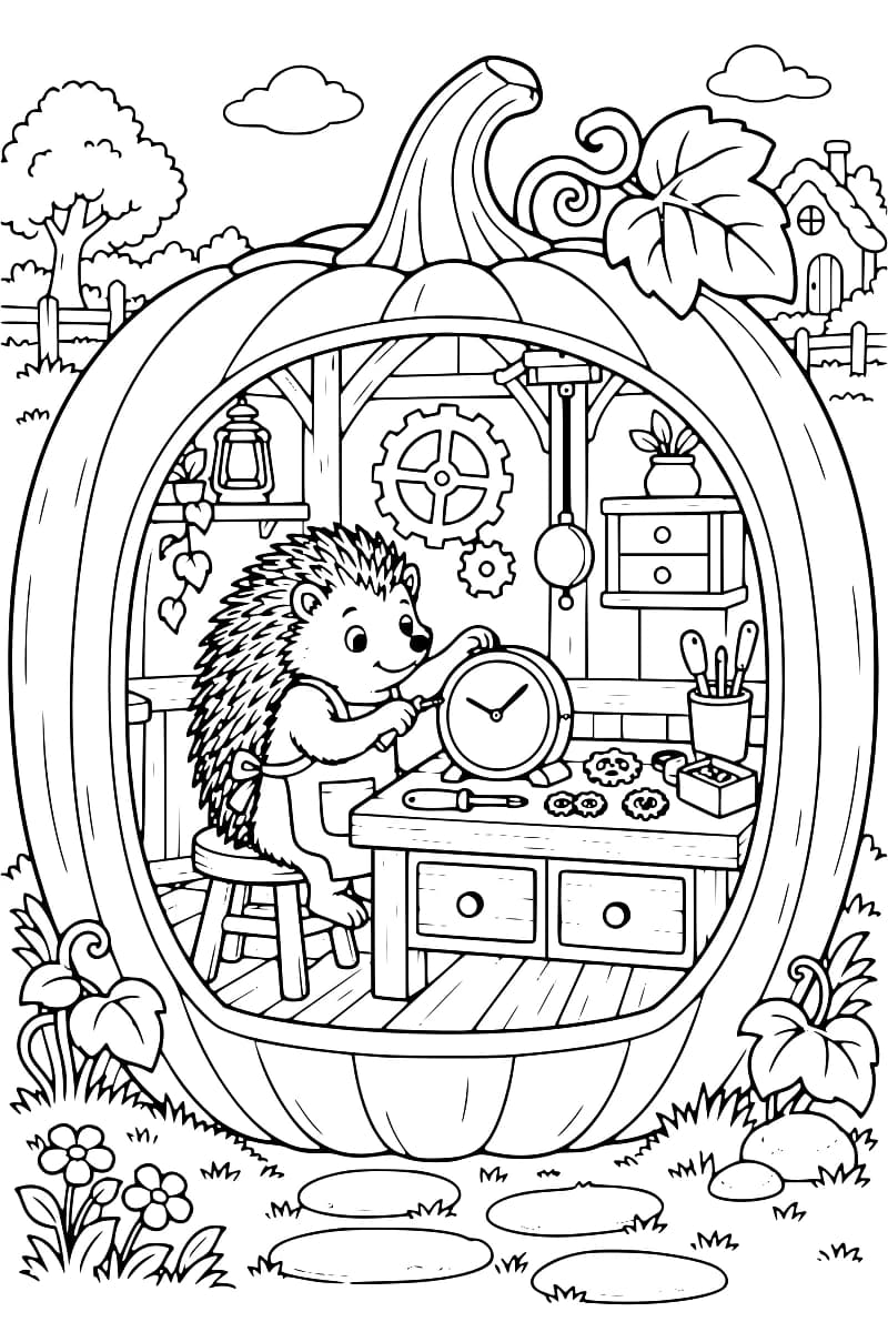 Dessin en noir et blanc d’un hérisson assis sur un tabouret devant un établi à tiroirs, à l’intérieur d’une citrouille ouverte. Une horloge, des outils et de petits engrenages reposent sur la table, tandis que des rouages et un pendule sont suspendus au mur. On voit aussi des plantes, une lanterne et des fleurs.