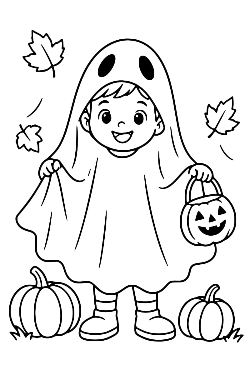 Coloriage en noir et blanc représentant un enfant en costume de fantôme avec une lanterne-citrouille, deux citrouilles et des feuilles tombées.