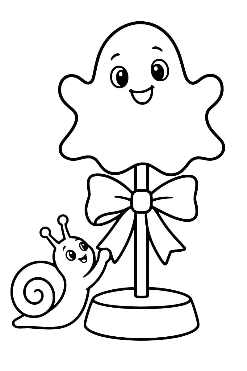 Dessin en noir et blanc d’un escargot à coquille en spirale près d’une grande sucette en forme de fantôme souriant, avec un nœud sur le bâton et un socle rond.