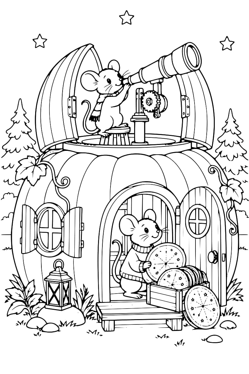Dessin à colorier d’une maison en forme de citrouille surmontée d’un observatoire ouvert, où une souris regarde dans un télescope. Une seconde souris tient une carte du ciel ronde près d’une caisse remplie de cartes similaires. Une lanterne, des sapins et trois étoiles complètent la scène.