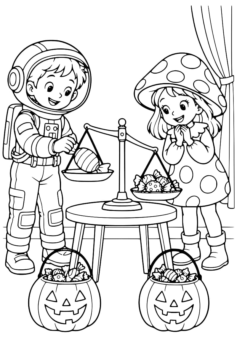 Dessin à colorier de deux enfants costumés en astronaute et en champignon devant une balance posée sur une table ronde. Un gros bonbon occupe un plateau et plusieurs petits bonbons remplissent l’autre, plus bas. Deux seaux en forme de citrouille remplis de friandises sont posés au sol.