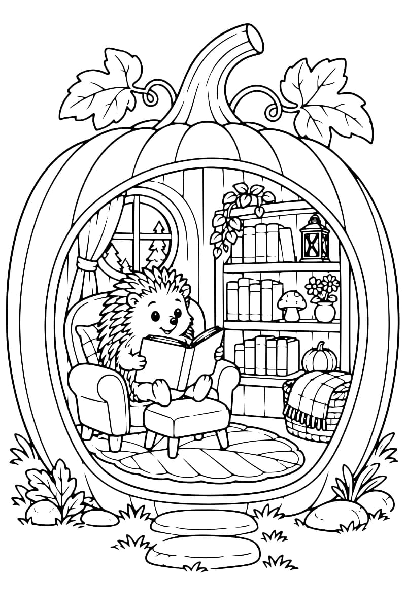 Dessin à colorier d’une grande citrouille ouverte abritant un hérisson assis dans un fauteuil avec un livre, un repose-pieds, un tapis, une fenêtre à rideau et une bibliothèque garnie de livres et de petits objets décoratifs.